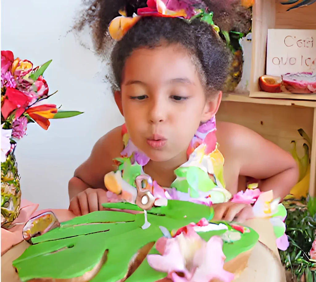Enfant soufflant les bougies lors d’un anniversaire Vaiana à domicile avec décoration tropicale