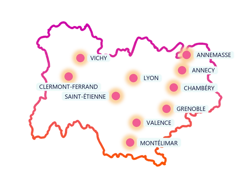 Carte de la région Auvergne-Rhône-Alpes : les villes où Kids Events anime des anniversaires à domicile (Lyon, Saint-Étienne, Clermont-Ferrand, Vichy, Valence, Montélimar, Grenoble, Chambéry, Annecy, Annemasse)