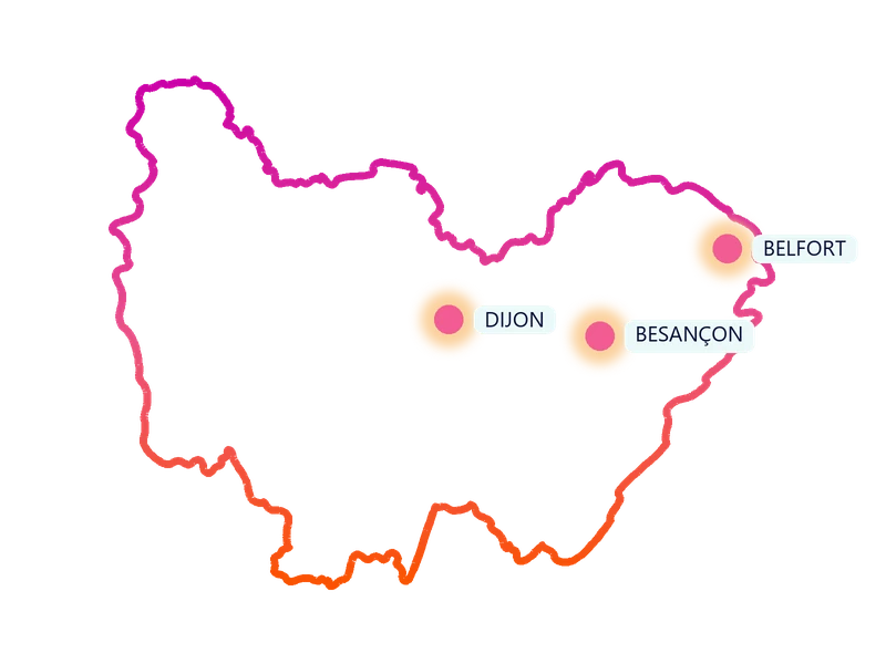 Carte de la région Bourgogne-Franche-Comté : les villes où Kids Events anime des anniversaires à domicile (Dijon, Besançon, Belfort)