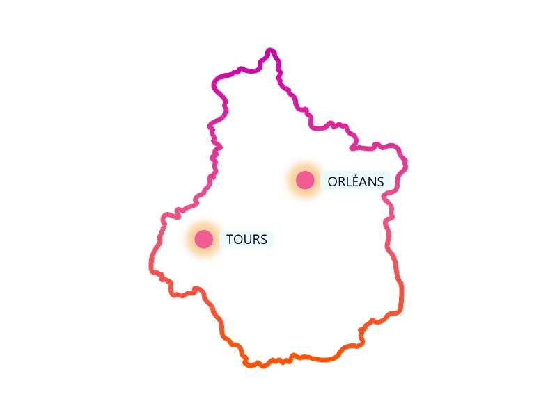 Carte de la région Centre-Val de Loire : les villes où Kids Events anime des anniversaires à domicile (Orléans, Tours)
