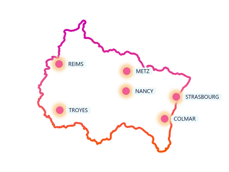 Carte de la région Grand Est : les villes où Kids Events anime des anniversaires à domicile (Reims, Troyes, Metz, Nancy, Strasbourg, Colmar)
