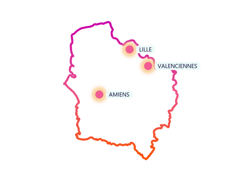Carte de la région Hauts-de-France : les villes où Kids Events anime des anniversaires à domicile (Lille, Valenciennes, Amiens)