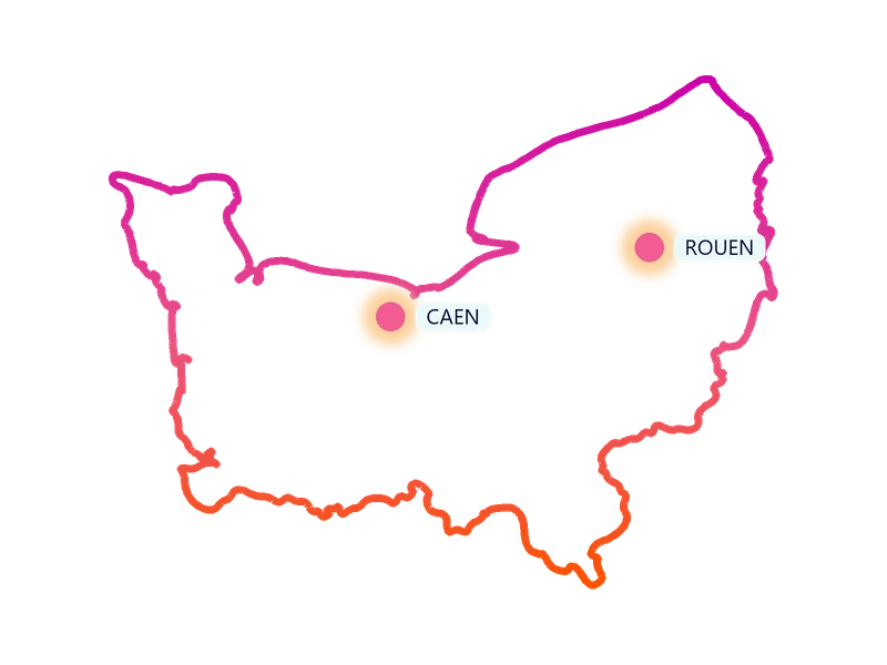 Carte de la région Normandie : les villes où Kids Events anime des anniversaires à domicile (Rouen, Caen)