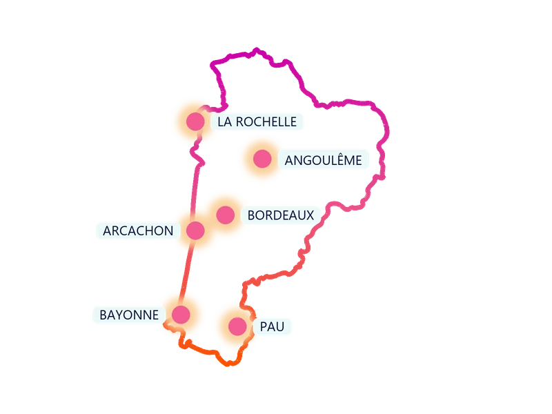 Carte de la région Nouvelle-Aquitaine : les villes où Kids Events anime des anniversaires à domicile (La Rochelle, Angoulême, Bordeaux, Arcachon, Bayonne, Pau)
