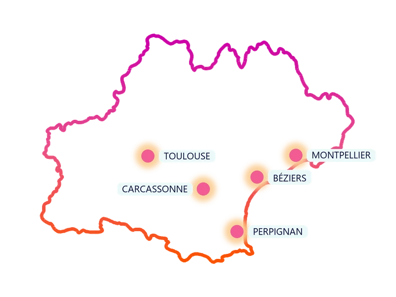 Carte de la région Occitanie : les villes où Kids Events anime des anniversaires à domicile (Toulouse, Carcassonne, Montpellier, Béziers, Perpignan)
