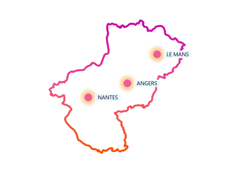 Carte de la région Pays de la Loire : les villes où Kids Events anime des anniversaires à domicile (Nantes, Angers, Le Mans)