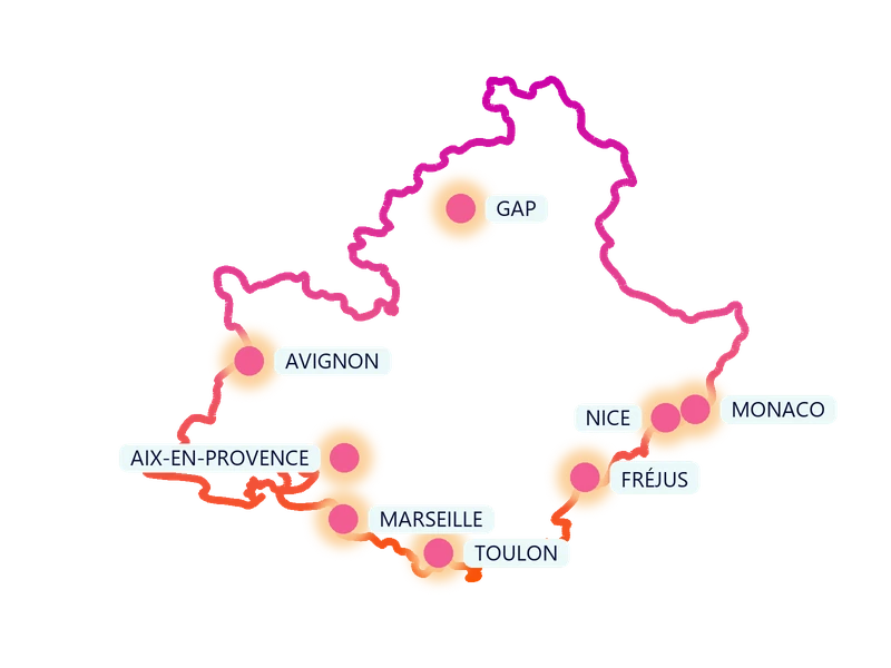Carte de la région Provence-Alpes-Côte d'Azur et Monaco : les villes où Kids Events anime des anniversaires à domicile (Marseille, Aix-en-Provence, Avignon, Toulon, Fréjus, Nice, Gap, Monaco)